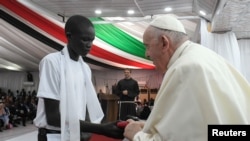 FILE: Pope Francis attends a meeting with internally displaced persons at the Freedom Hall during his apostolic journey, in Juba, South Sudan, February 4, 2023.