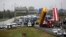 Truckers block the highway near Calais, northern France, Sept. 5, 2016. 