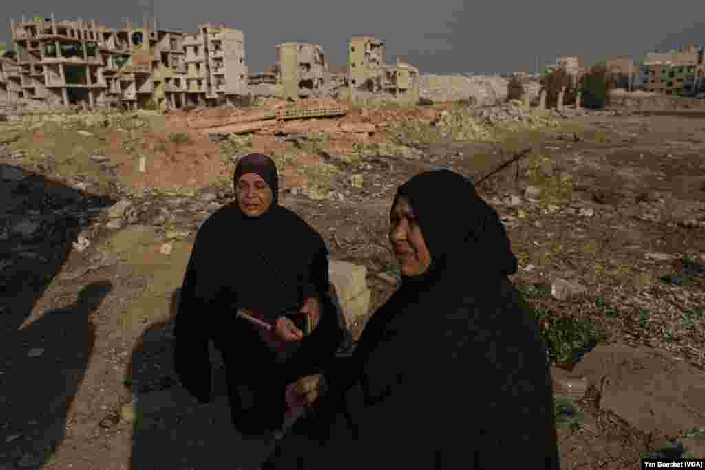 There are no battles anymore in Yarmuk, but life remains very hard. With no power or water, these women, who recently returned from a village in the Damascus countryside, are struggling.