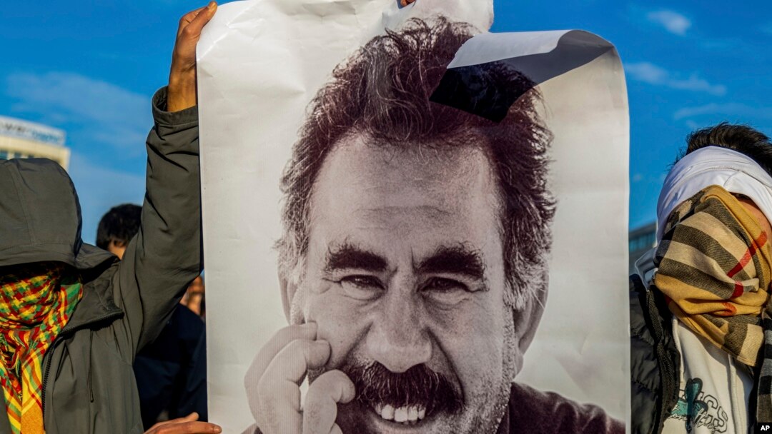 FILE - A photograph of jailed leader of the rebel Kurdistan Workers' Party, Abdullah Ocalan, is displayed in Diyarbakir, Turkey, Feb. 27, 2025.