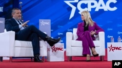 U.S. Senator Ted Cruz, left, and U.S. Attorney General Pam Bondi speak at the Conservative Political Action Conference at the Gaylord National Resort & Convention Center in Oxon Hill, Maryland, Feb. 20, 2025.