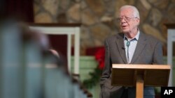 FILE - Former President Jimmy Carter teaches Sunday school at Maranatha Baptist Church in his hometown in Plains, Ga., Dec. 13, 2015.