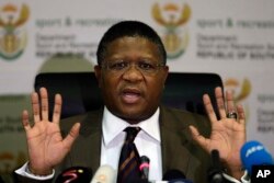 FILE —South Africa's sports minister Fikile Mbalula and current ANC secretary-general, at a news conference in Johannesburg, South Africa, June 3, 2015.