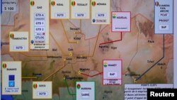 A map of French army locations in Sahel is seen as French President Emmanuel Macron delivers his speech after a meeting via video-conference with leaders of West African G-5 Sahel nations. (File)