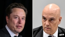 Esta combinación de fotos muestra al dueño de X, Elon Musk, en un evento en Los Angeles, California, el 3 de abril de 2024, y al juez de la Corte Suprema de Brasil, Alexandre de Moraes, en Brasilia, el 18 de junio de 2024,