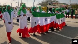 FILE - Women march in a procession to celebrate the 25th anniversary of Somaliland's proclaimed independence in the capital, Hargeisa, May 18, 2016. The 28th anniversary will be observed Saturday. 