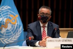 FILE - Tedros Adhanom Ghebreyesus, Director General of the World Health Organization (WHO) attends a session on the coronavirus disease (COVID-19) outbreak response of the WHO Executive Board in Geneva, Switzerland, Oct. 5, 2020.