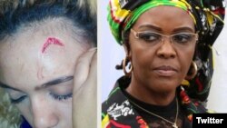 Grace Mugabe à direita e a sua alegada vítima mostrando um dos ferimentos que sofreu.