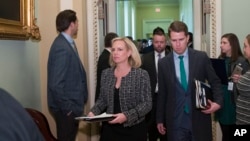 Homeland Security Secretary Kirstjen Nielsen departs after the Republican Caucus luncheon, Tuesday, March 5, 2019, in Washington.