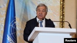 FILE - United Nations Secretary General, Antonio Guterres, delivers a press statement to reporters after a meeting of envoys from more than 20 countries on Afghanistan in Doha, Qatar, May 2, 2023. 