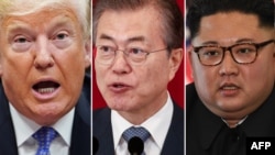 Dari kiri: Presiden Amerika Serikat Donald Trump, Presiden Korea Selatan Moon Jae-in, Pemimpin Korea Utara Kim Jong-un.