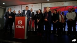 Milorad Dodik, president of the Republic of Srpska, speaks during a news conference after claiming victory in the Bosnian town of Banja Luka, 240 kilometers northwest of Sarajevo, Oct. 7, 2018. Dodik has declared victory in the race to fill the Se