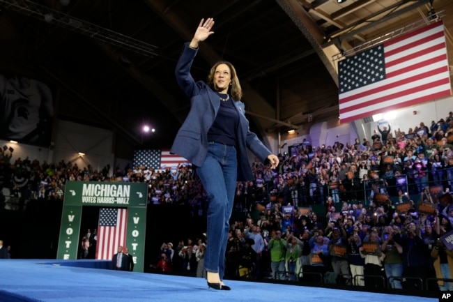 Democratic presidential nominee Vice President Kamala Harris arrives to speak during a campaign rally at Jenison Field House on the campus of Michigan State University, Sunday, Nov. 3, 2024, in East Lansing, Mich. (AP Photo/Jacquelyn Martin)