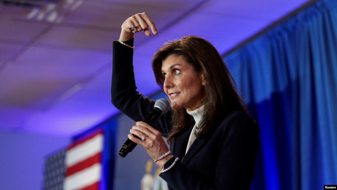 Republican presidential candidate and former U.S. Ambassador to the United Nations Nikki Haley gestures to herself as she speaks at a campaign event in Portland, Maine, March 3, 2024.