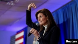Republican presidential candidate and former U.S. Ambassador to the United Nations Nikki Haley gestures to herself as she speaks at a campaign event in Portland, Maine, March 3, 2024.