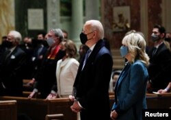 President-elect Joe Biden and his wife Jill Biden attend a church service before his presidential inauguration, at St. Matthews Catholic Church in Washington, Jan. 20, 2021.