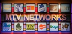 FILE - Various logos of the different cable channels from the MTV Networks are pictured at the Cable Television Critics Association press tour in Pasadena, California, July 13, 2006.