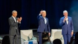 Rais wa zamani wa Marekani, Barack Obama, rais wa sasa Joe Biden, na Bill Clinton wakiwa New York Alhamisi usiku, kwenye hafla ya kuchangisha fedha kwa ajili ya kampeni. Mei 28, 2024