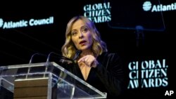 Giorgia Meloni, Italy's president of the Council of Ministers, gives an acceptance speech during the Global Citizen Awards dinner, Sept. 23, 2024, in New York.