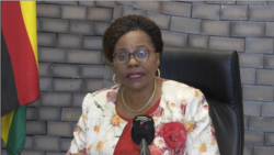 Monica Mutsvangwa, Zimbabwe's Information Minister, addresses the media in Harare, Sept. 25, 2019. (C. Mavhunga/VOA)