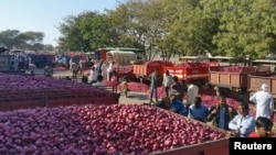 Farmers wait for the auction of onions at Lasalgaon market in Nashik district in the western state of Maharashtra, India, Dec. 19, 2018.