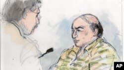 Courtroom sketch shows Mark Basseley Youssef (r) talking with his attorney Steven Seiden in court. Youssef, was behind an anti-Muslim film that sparked violence in the Middle East, Sept. 27, 2012.