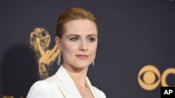 FILE - Evan Rachel Wood arrives at the 69th Primetime Emmy Awards in Los Angeles, Sept. 17, 2017.