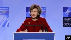 FILE - U.S. Ambassador to NATO Kay Bailey Hutchison speaks during a media conference at NATO headquarters in Brussels, July 10, 2018.