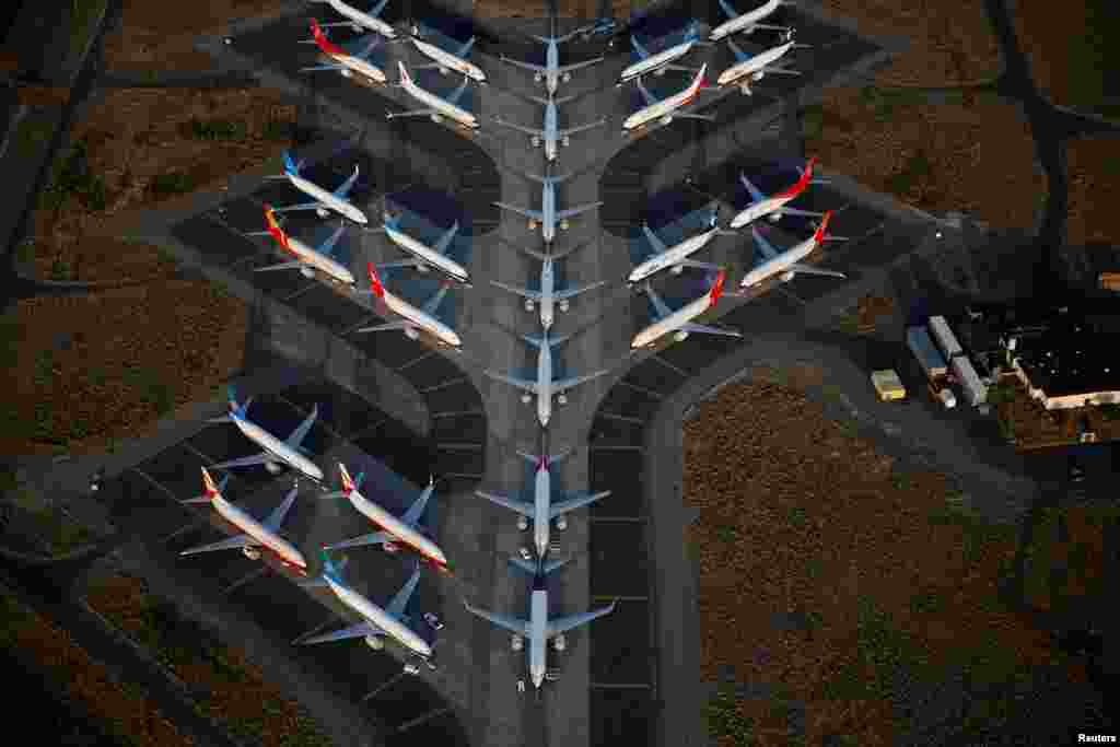 An aerial photo shows Boeing 737 MAX aircraft at Boeing facilities at the Grant County International Airport in Moses Lake, Washington, Sept. 16, 2019.