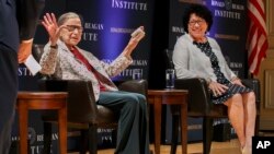 FILE - Supreme Court Justices Ruth Bader Ginsburg, left, Sonia Sotomayor speak during a panel discussion at the Library of Congress in Washington, Sept. 25, 2019. 