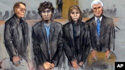 In this courtroom sketch, Dzhokhar Tsarnaev (2nd from Left) is depicted standing with his defense attorneys William Fick (L) Judy Clarke (2nd from R), and David Bruck (R) as the jury presents its verdict in his federal death penalty trial, April 8, 2015, 