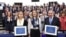 Venezuelan opposition presidential candidate Edmundo Gonzalez Urrutia and Ana Corina Sosa pose next to European Parliament President Roberta Metsola after during an award ceremony at in Strasbourg, Dec. 17, 2024.