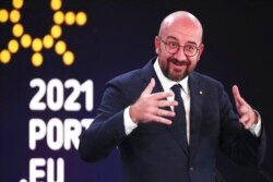 European Council President Charles Michel speaks during a media conference at an EU summit in Porto, Portugal, May 8, 2021.