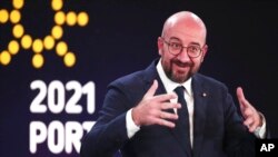 European Council President Charles Michel speaks during a media conference at an EU summit in Porto, Portugal, May 8, 2021. 