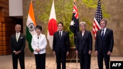 De izq a der, los cancilleres indio, Subrahmanyam Jaishankar; la japonesa Yoko Kamikawa; la australiana Penny Wong, y el secretario de Estado de EEUU, Antony Blinken, posan antes de la reunión ministerial del Quad en Tokio, el 29 de julio de 2024.