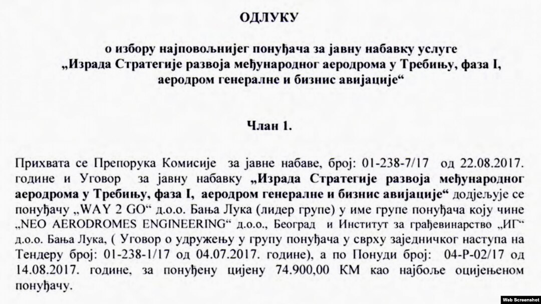 Odluka o izboru najpovoljnijeg ponuđača objavljena na web portalu Aerodromi Republike Srpske