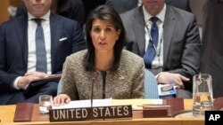 Duta Besar Amerika untuk PBB Nikki Haley berbicara di pertemuan DK PBB, New York hari Rabu (29/11). 