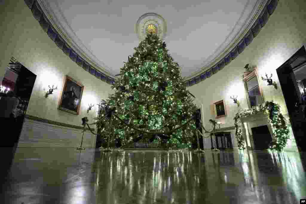 El árbol de Navidad de la Casa Blanca está decorando la Habitación Azul, esta vista es a través del Cross Hall.