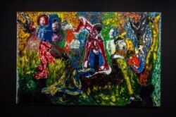 An oil on canvas painting by Senegalese artist Soly Cissé titled “Comme des héros” is displayed at Dakar's Museum of Black Civilizations. (Photo: A. Hammerschlag/VOA)