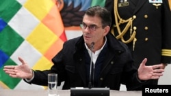 FILE PHOTO: Bolivia’s President Paz holds a press conference in La Paz
