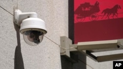 This photo taken Tuesday, May 7, 2019, shows a security camera in the Financial District of San Francisco.