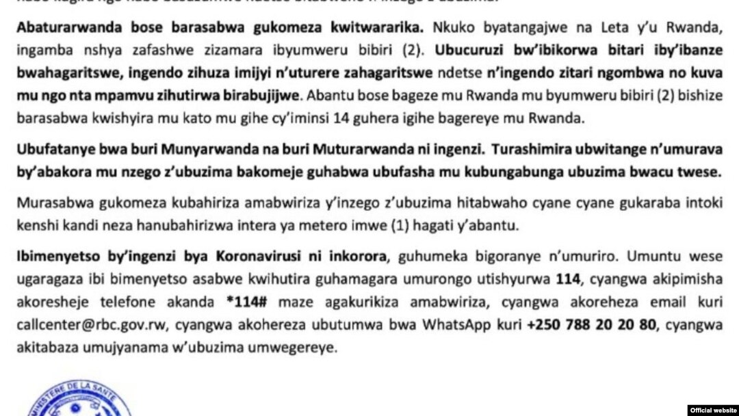 Bimwe mu vyo banyagihugu basabwa mu Rwanda muri kino gihe c'umugera wa Corona 