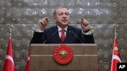 Turkey's President and leader of ruling Justice and Development Party Recep Tayyip Erdogan speaks to village administrators in Ankara, Jan. 11, 2018.