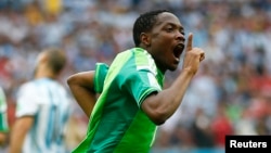 Nigeria's Ahmed Musa celebrates after scoring his team's second goal against Argentina during their 2014 World Cup Group F soccer match at the Beira Rio stadium in Porto Alegre June 25, 2014.