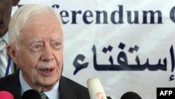 FILE - Former US president Jimmy Carter talks during a press conference at the Southern Sudan Referendum Commission office in the Sudanese capital Khartoum on Jan. 7, 2011.