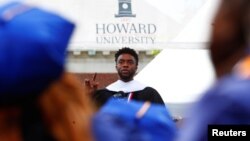 FILE - Actor Chadwick Boseman addresses the 150th commencement ceremony at Howard University in Washington, May 12, 2018. 