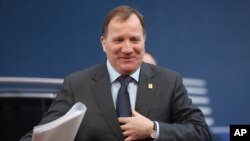 Swedish Prime Minister Stefan Lofven arrives for an EU summit at the European Council building in Brussels, Feb. 21, 2020.