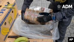 En esta imagen tomada de un video proporcionado por la policía italiana de finanzas, un agente sostiene bolsas de cocaína luego de ser encontradas escondidas en un contenedor cargado de bananas, el martes 16 de mayo de 2023 en el puerto de Gioia Tauro, en el sur de Italia. 