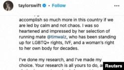 Pjevačica Taylor Swift podržava potpredsjednicu Demokratske stranke Kamalu Harris, nakon predsjedničke debate između bivšeg američkog predsjednika Donalda Trumpa i Harris, u objavi na Instagramu na slici ekrana preuzetoj sa objave na društvenim mrežama, 10. septembra 2024.