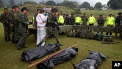 FILE - Bags containing the bodies of alleged rebels, and seized weapons, are shown to the press at military base in Ibague, Colombia, Jan. 22, 2014.